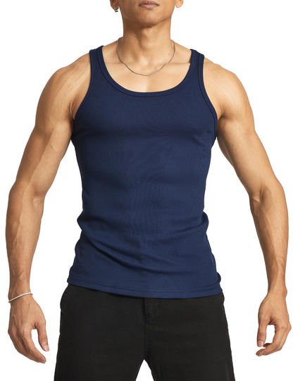 Ouber Mens Ribbed Gym Tank Top Fitness Workout Muscle Sleeveless Bodybuilding Shirt Navy XXL