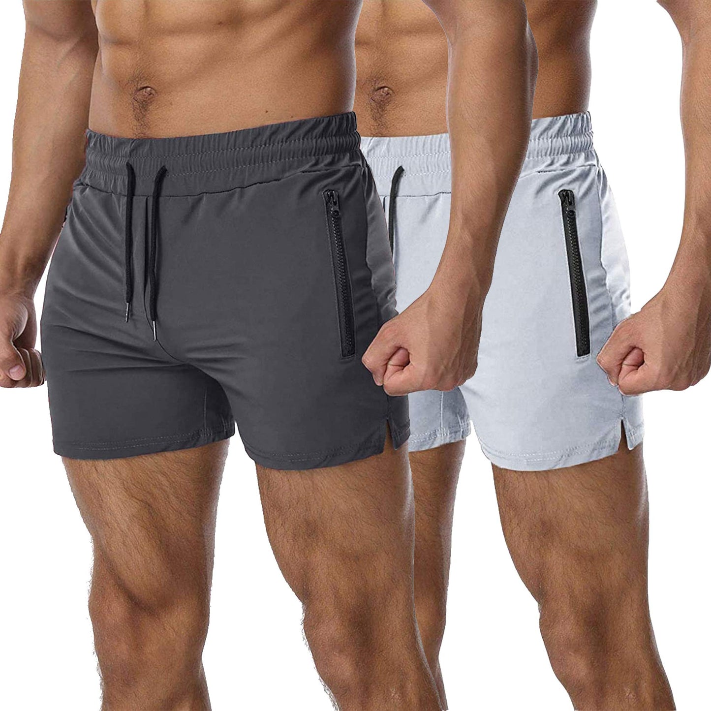 EVERWORTH Mens Running Gym Shorts Lightweight Workout Short Fitted Quick Dry Swim Trunks Shorts with Zipper Pockets (2 Pack：Darky Grey Light Grey Medium)