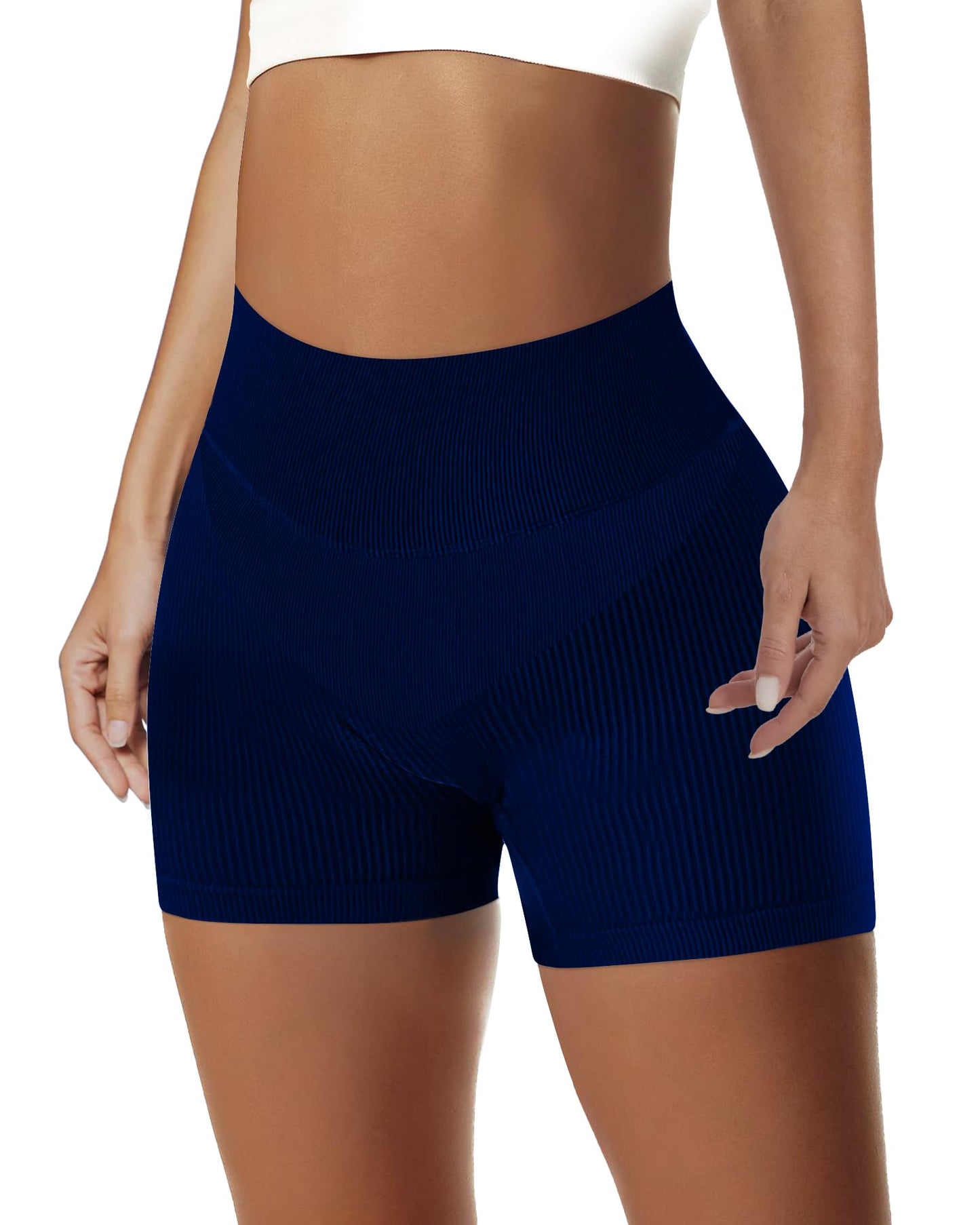 AURUZA Workout Shorts Women High Waist Biker Shorts Women Gym Shorts Women Seamless Ribbed Athletic Yoga Shorts Leggings L Dark Blue